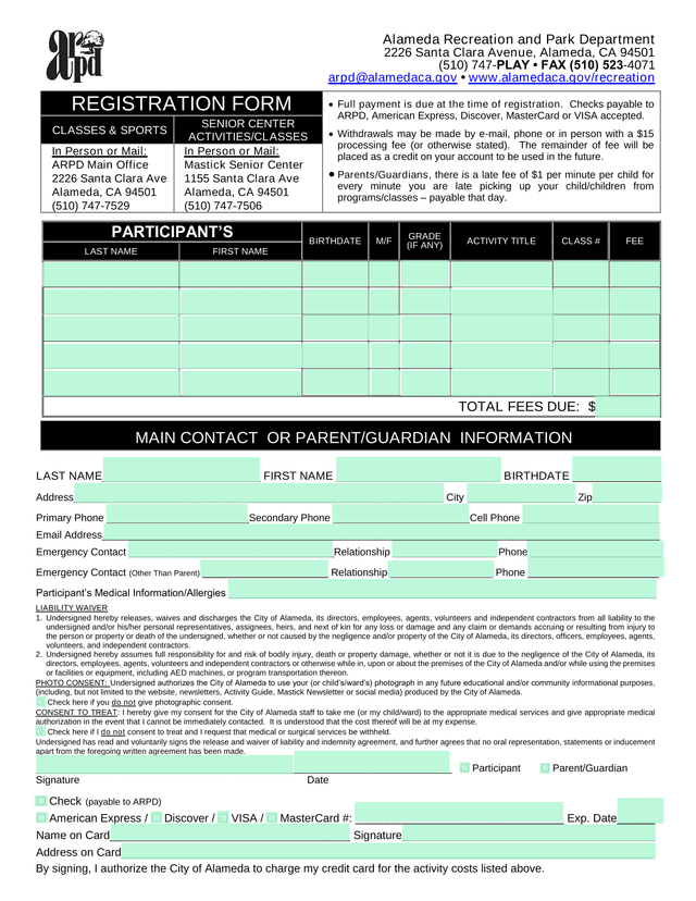Alameda Recreation And Park Department Registration Form screenshot