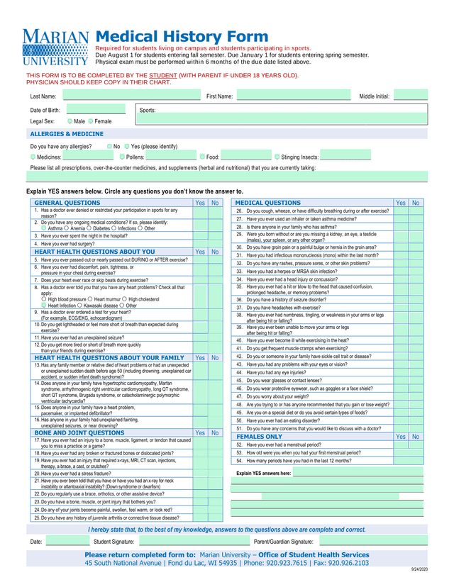 Medical History Form screenshot