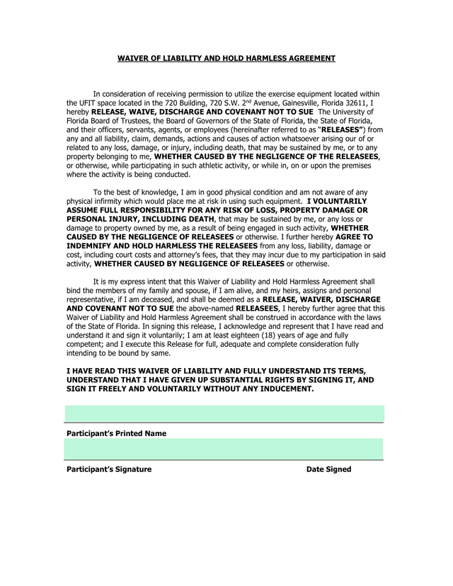 Waiver Of Liability And Hold Harmless Agreement screenshot