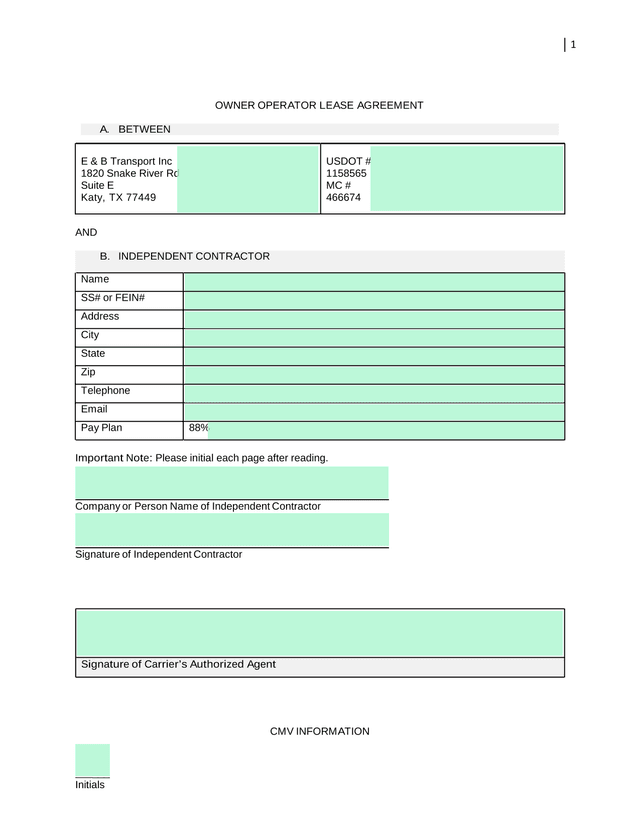 Owner Operator Lease Agreement screenshot