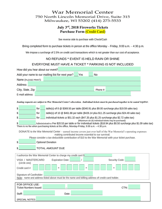 Fireworks Tickets Purchase Form (Credit Card) screenshot