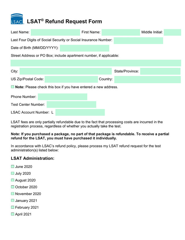 LSAT Refund Request Form screenshot