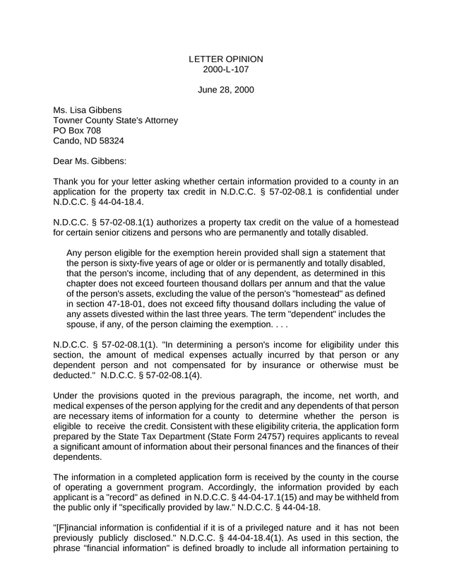 Property Tax Credit Application Letter Opinion screenshot