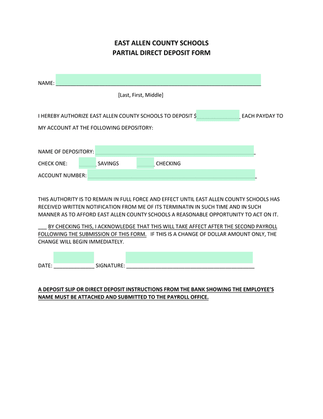 East Allen County Schools Partial Direct Deposit Form screenshot