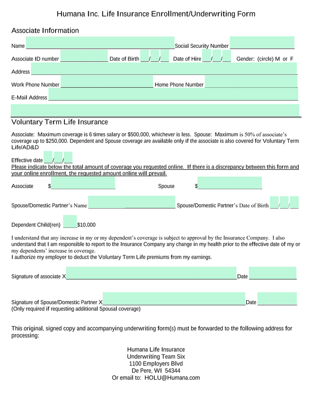 Humana Inc. Life Insurance EnrollmentUnderwriting Form screenshot