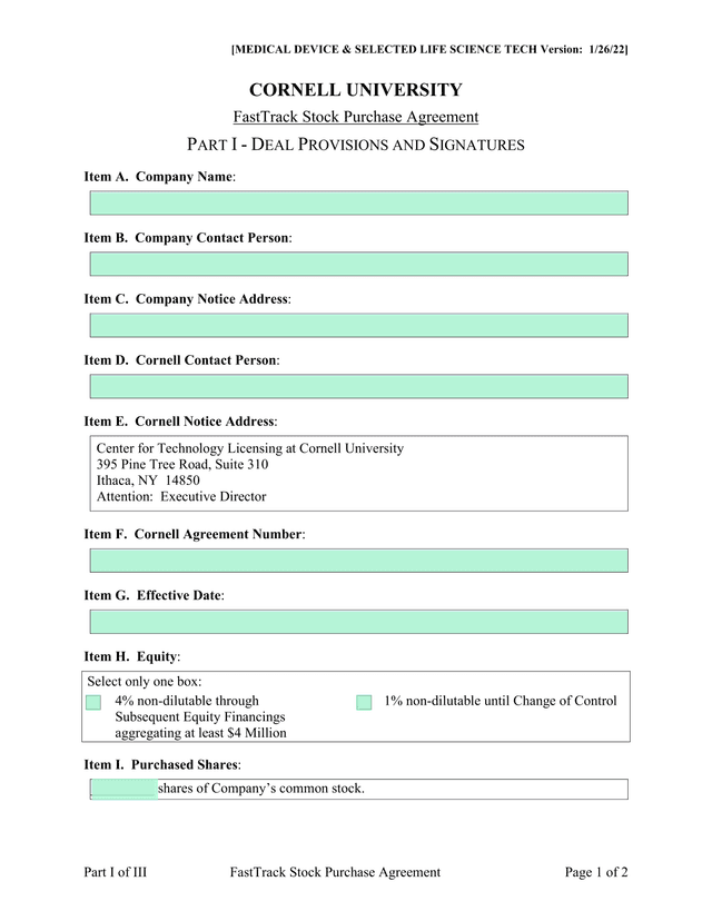 FastTrack Stock Purchase Agreement screenshot