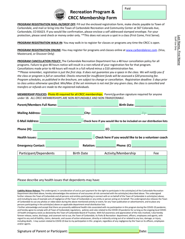 Recreation Program  CRCC Membership Form screenshot