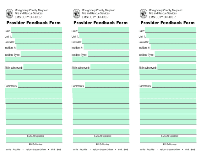 EMS DUTY OFFICER Provider Feedback Form screenshot
