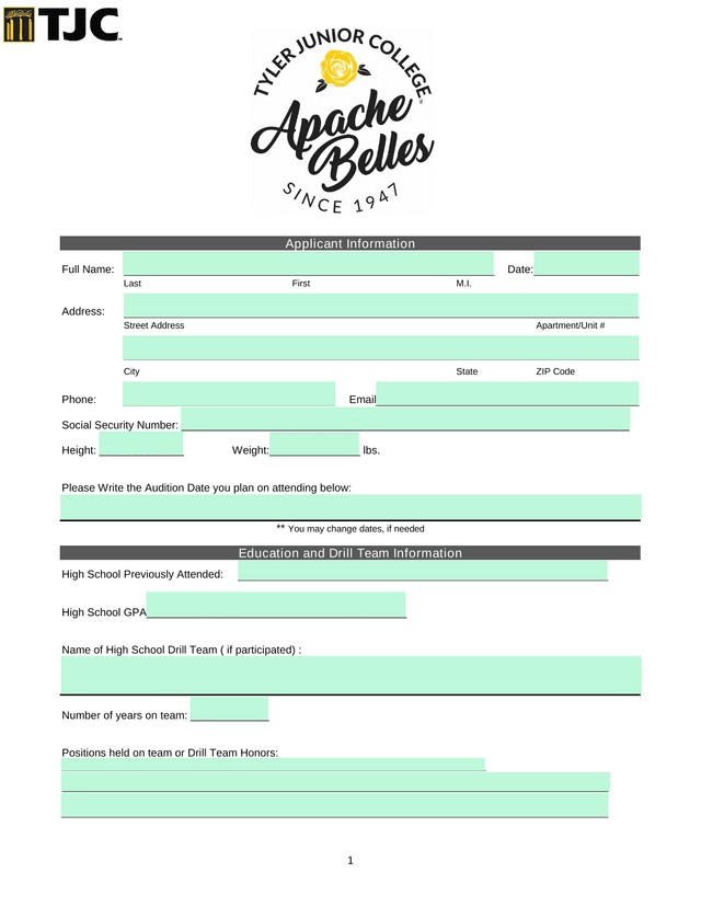 Apache Belles Application Form screenshot