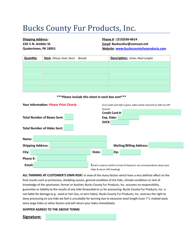 Bucks County Fur Products Hide Processing Form screenshot