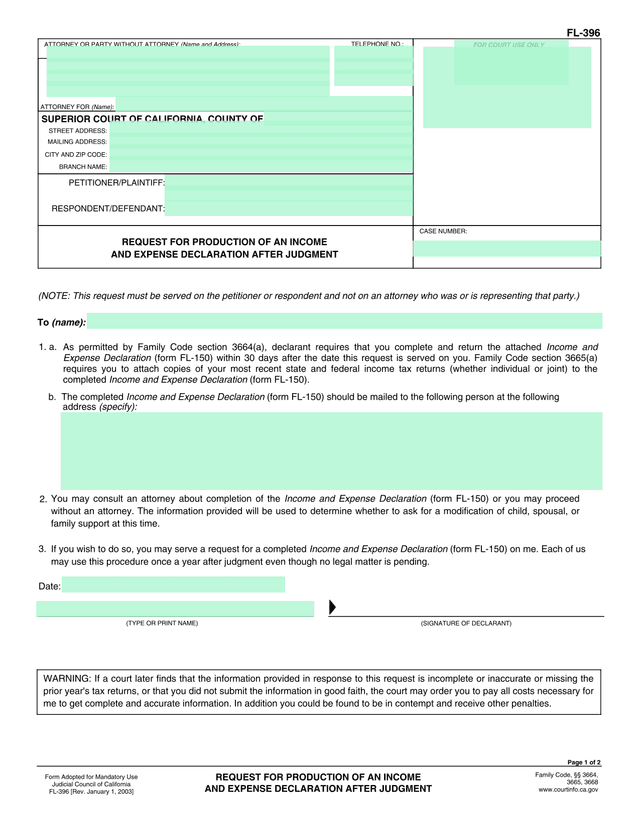 Request For Production Of An Income And Expense Declaration After Judgment screenshot