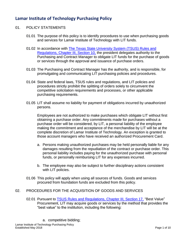 Lamar Institute Of Technology Purchasing Policy screenshot