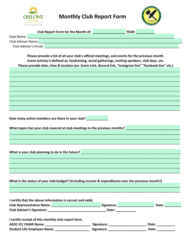 Monthly Club Report Form screenshot
