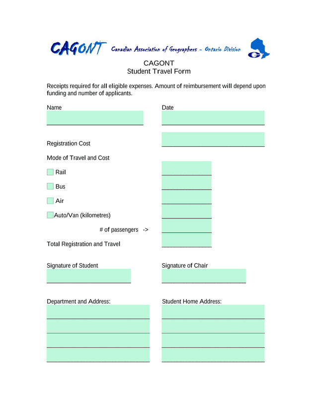 CAGONT Student Travel Form screenshot