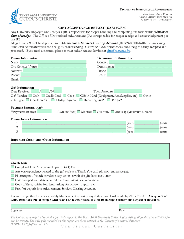 Gift Acceptance Report (GAR) Form screenshot