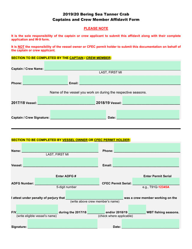 201920 Bering Sea Tanner Crab Captains And Crew Member Affidavit Form screenshot