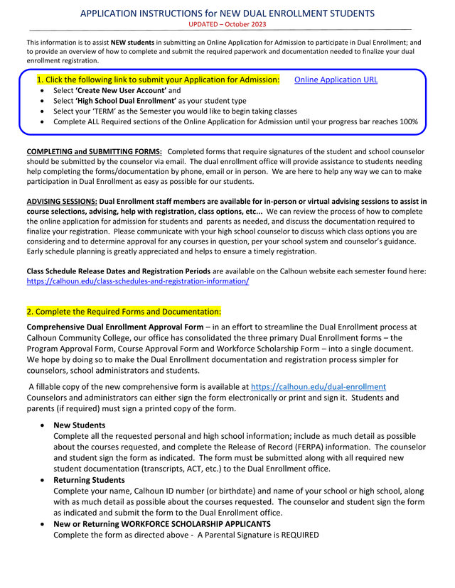 Application Instructions For New Dual Enrollment Students screenshot