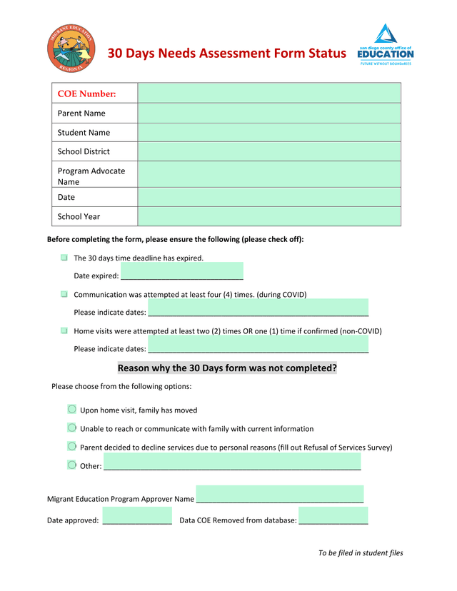 30 Days Needs Assessment Form Status screenshot