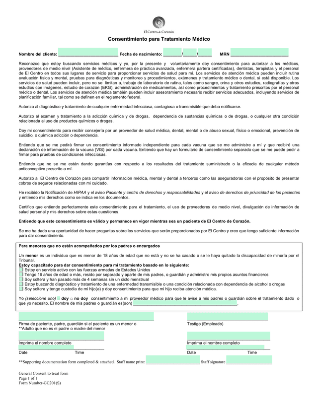 General Consent To Treat Form screenshot