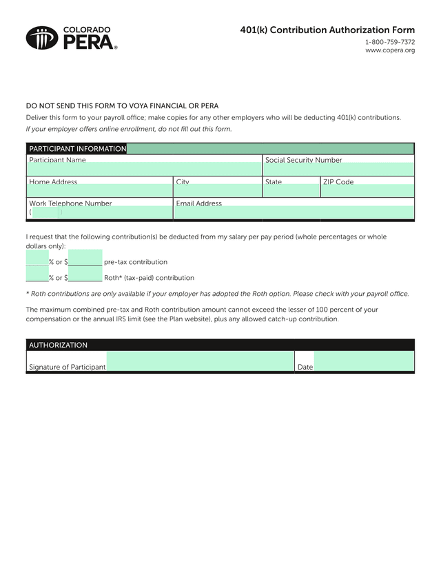 401(K) Contribution Authorization Form screenshot