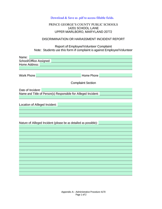 Discrimination Or Harassment Incident Report screenshot
