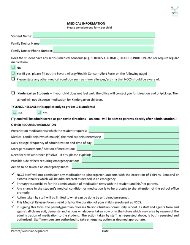 Medical Information Form screenshot