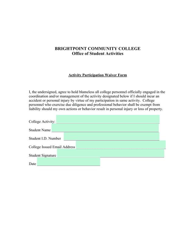 Activity Participation Waiver Form screenshot