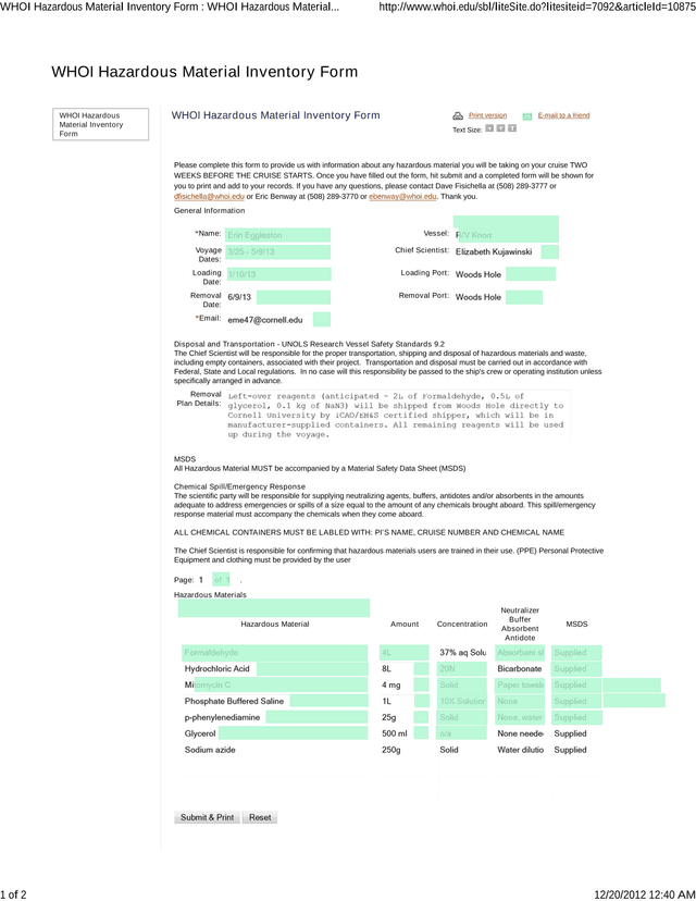 WHOI Hazardous Material Inventory Form screenshot