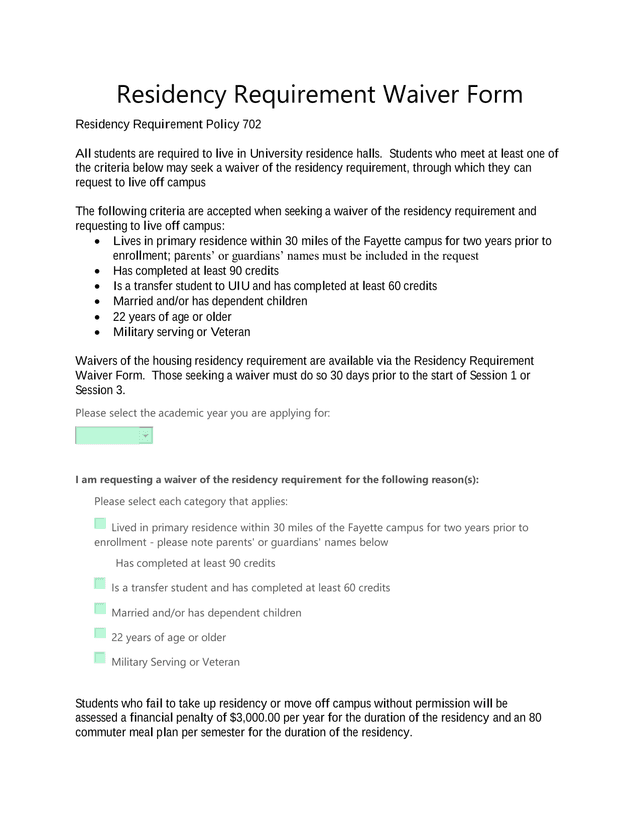 Residency Requirement Waiver Form screenshot