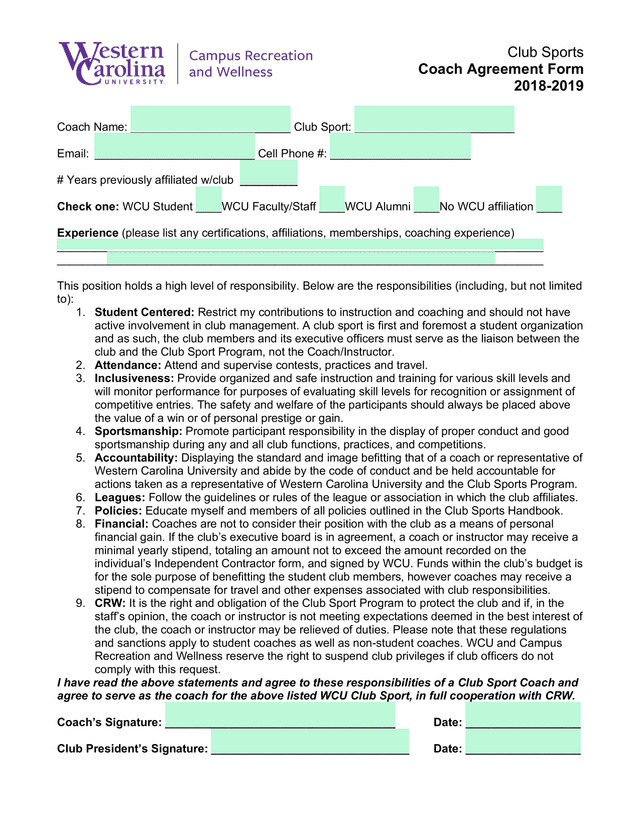 Club Sports Coach Agreement Form screenshot
