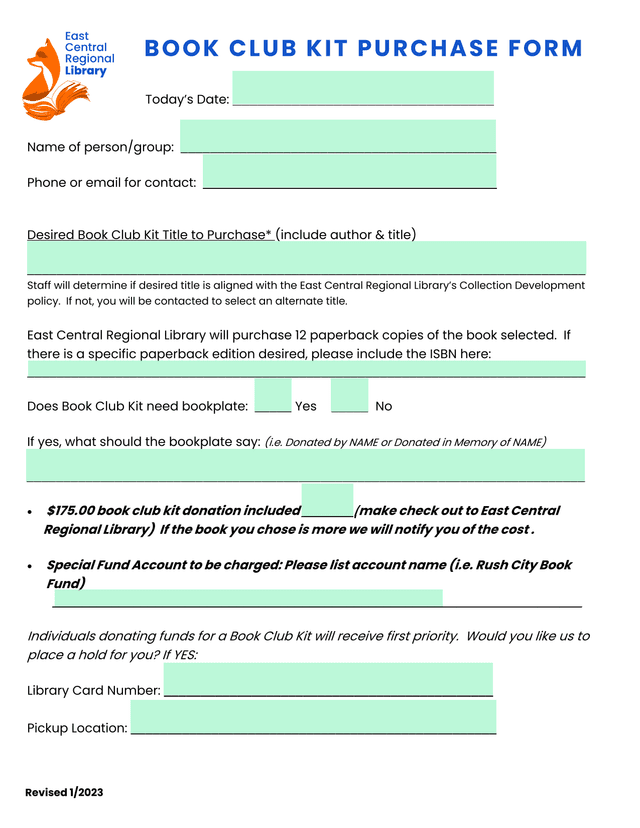 Book Club Kit Purchase Form screenshot