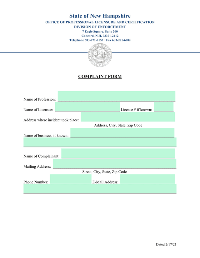 State Of New Hampshire Complaint Form screenshot