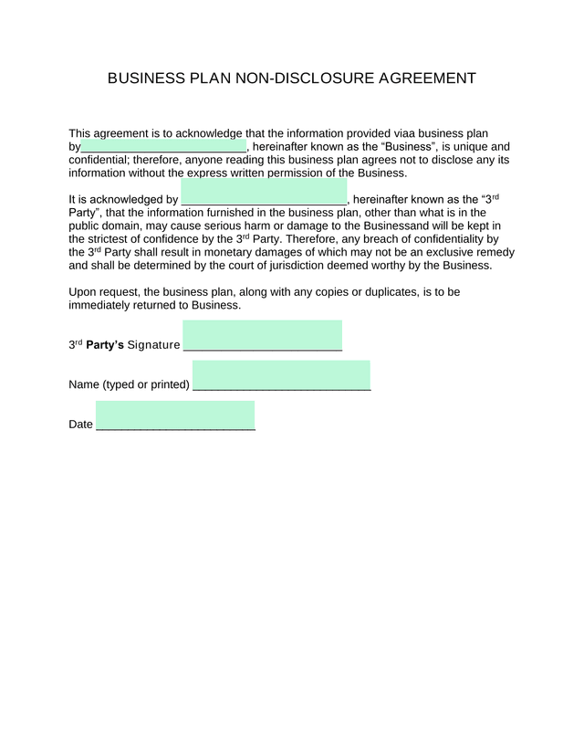 Business Plan Non Disclosure Agreement screenshot