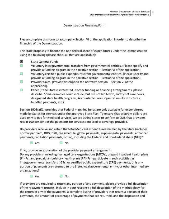 Demonstration Financing Form screenshot