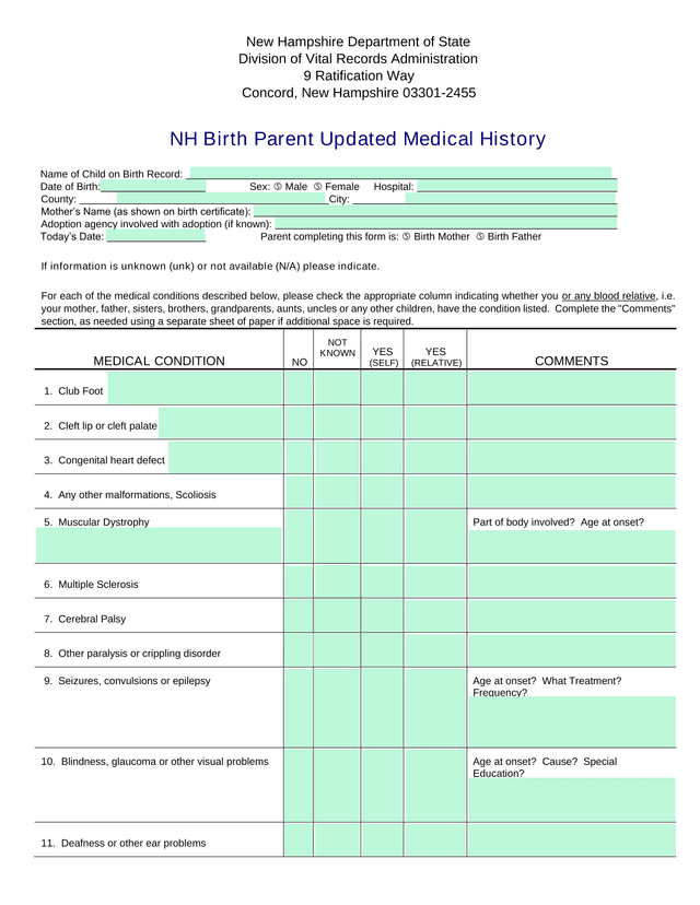NH Birth Parent Updated Medical History screenshot