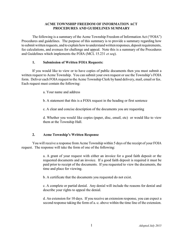 ACME TOWNSHIP FREEDOM OF INFORMATION ACT PROCEDURES AND GUIDELINES SUMMARY screenshot