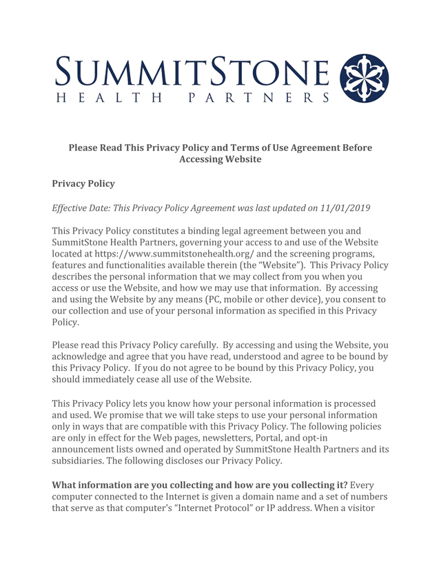 SummitStone Health Partners Privacy Policy And Terms Of Use Agreement screenshot