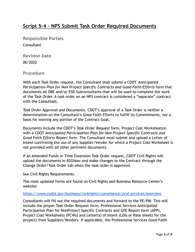 Script 5 4  NPS Submit Task Order Required Documents screenshot