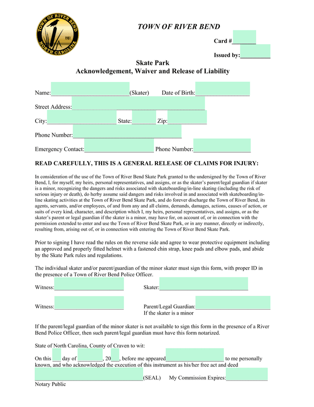 Skate Park Acknowledgement, Waiver And Release Of Liability screenshot