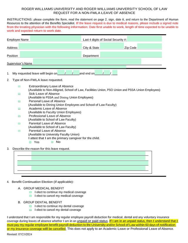 Request For A Non FMLA Leave Of Absence screenshot
