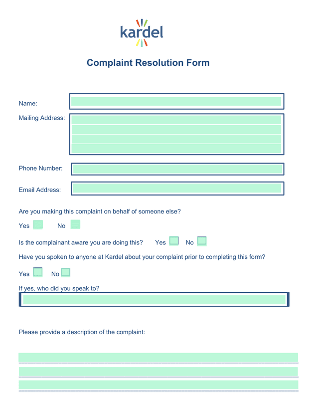 Complaint Resolution Form screenshot