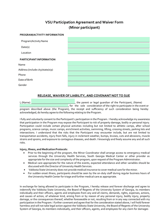 VSU Participation Agreement And Waiver Form (Minor Participant) screenshot