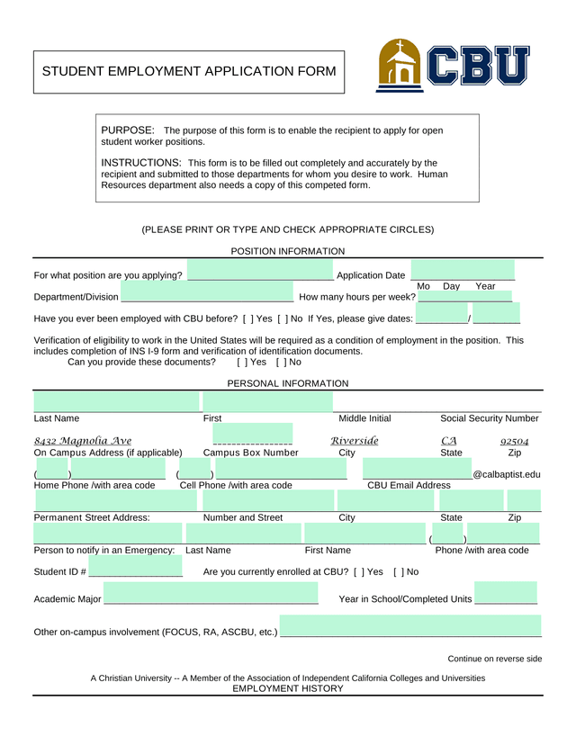 California Baptist University Student Worker Application Form screenshot
