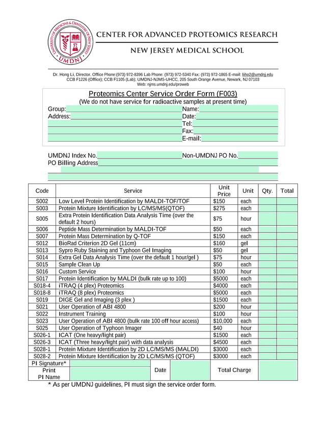 Proteomics Center Service Order Form (F003) screenshot
