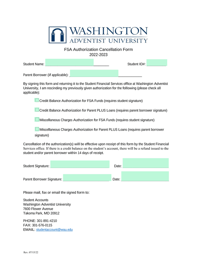 FSA Authorization Cancellation Form screenshot