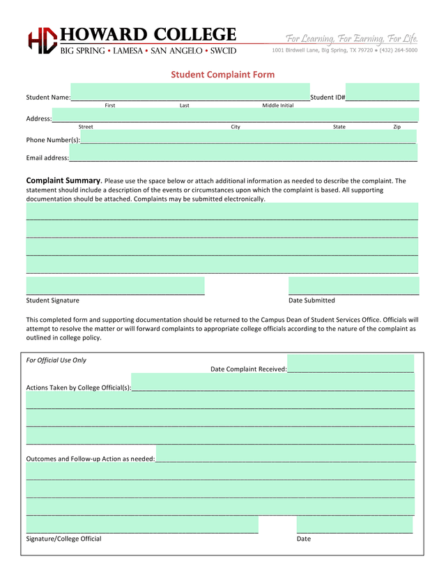Student Complaint Form screenshot
