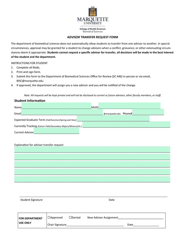 Advisor Transfer Request Form screenshot