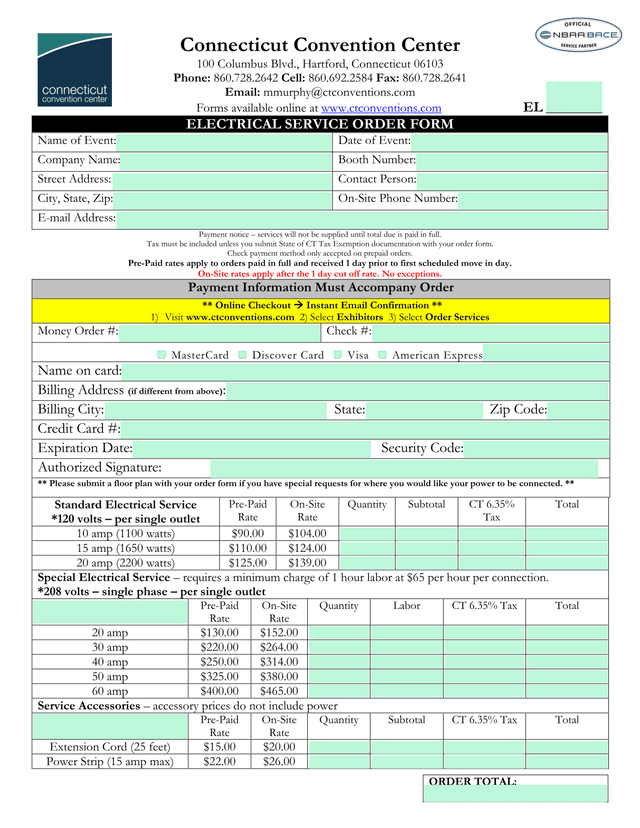 Electrical Service Order Form screenshot