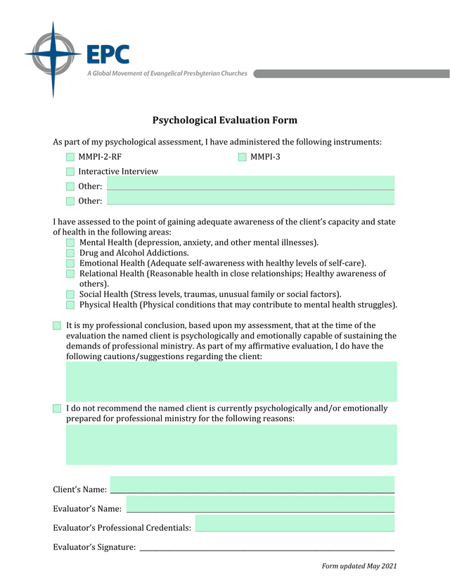 Psychological Evaluation Form screenshot