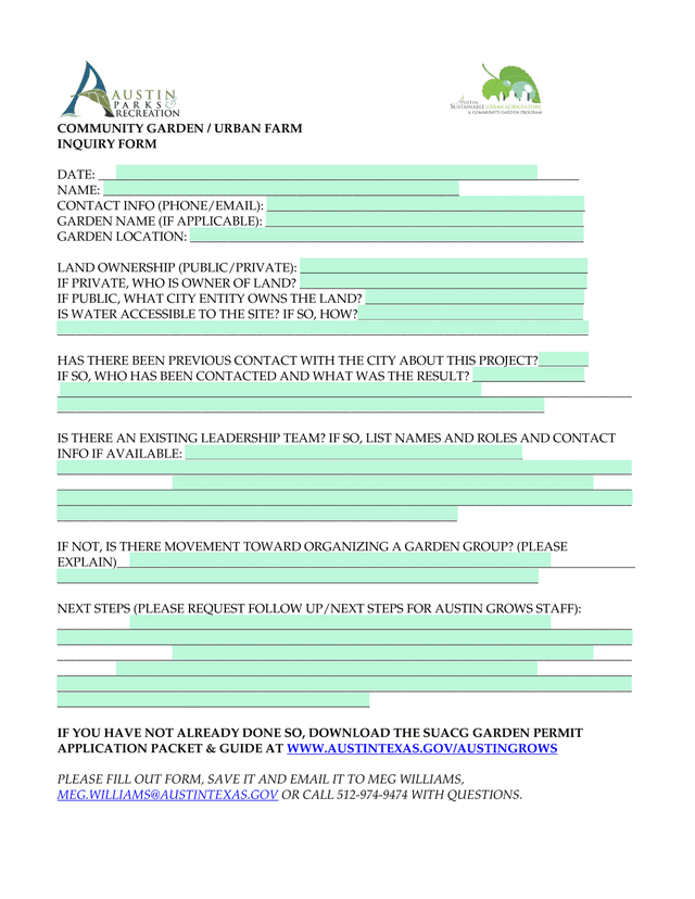 Community Garden  Urban Farm Inquiry Form screenshot